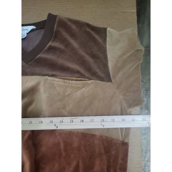 VTG OLEG CASSINI SZ LG Colorblock Brown Velour Pullover Top V Neck y2k 90s - Picture 4 of 7
